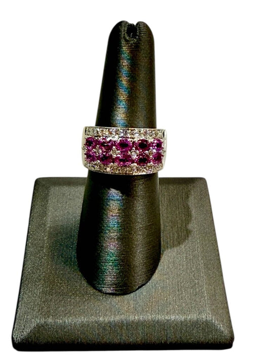 14KT WG DOUBLE ROW OVAL PINK SAPPHIRE W/3/8TW NATURAL DIAMOND WIDE BAND SZ 7