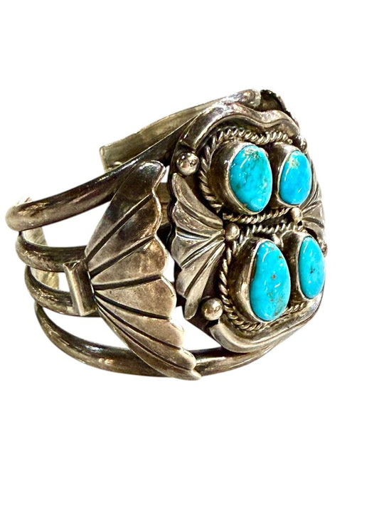 SS NATIVE NAVAJO HEAVY CUFF BRACELET W/4 TURQ STONES (STAMPED WP
