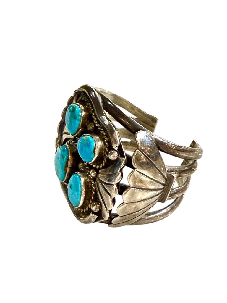 SS NATIVE NAVAJO HEAVY CUFF BRACELET W/4 TURQ STONES (STAMPED WP