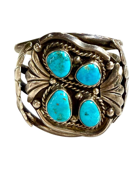 SS NATIVE NAVAJO HEAVY CUFF BRACELET W/4 TURQ STONES (STAMPED WP