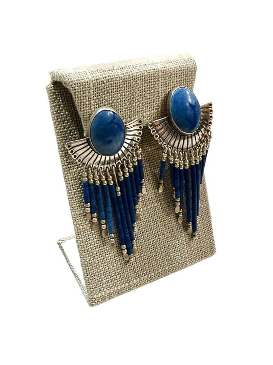 SS LAPIS OVAL BEZEL SET NATIVE DROP EARRINGS