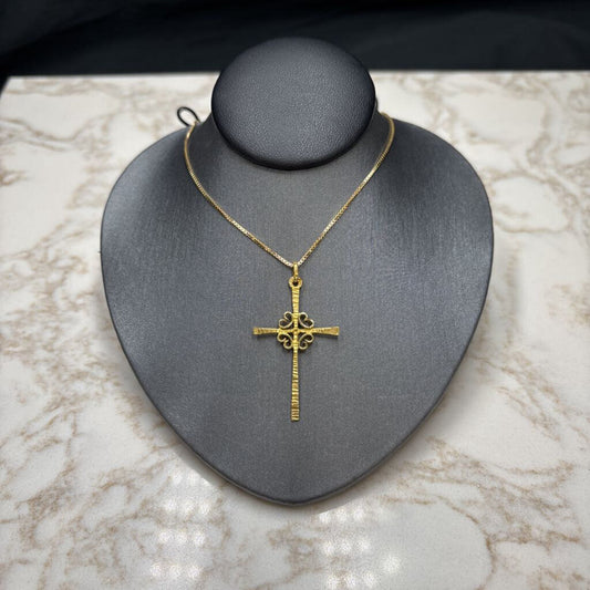 18KT YG SCROLLING CROSS PENDANT ON 18" SS/GP CHAIN