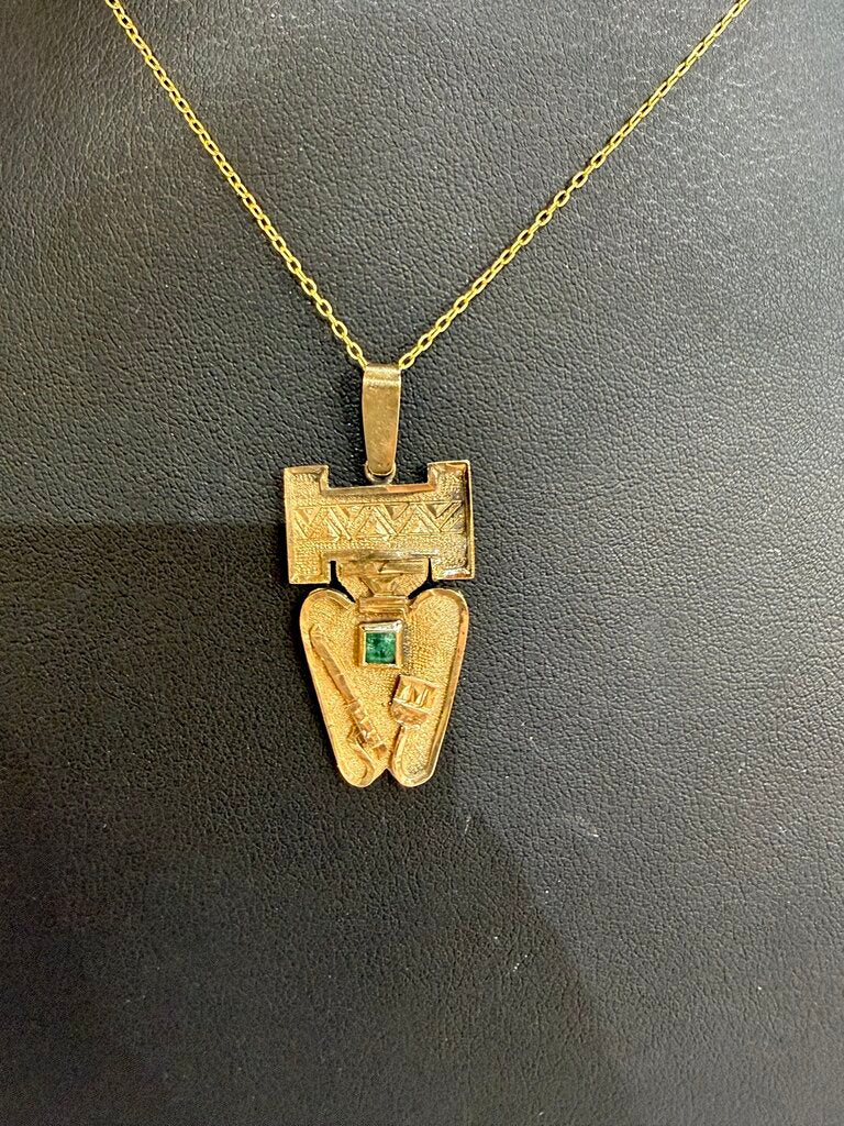 18KT YG W/ SS/GP CHAIN AZTEC W/EMERALD PENDANT WARRIOR