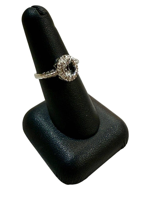 SS OVAL WHITE TOPAZ HALO STYLE RING SZ 7