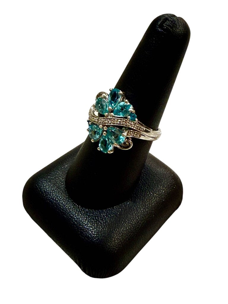 SS PEAR SHAPE BLUE TOPAZ CLUSTER STYLE RING SZ 8