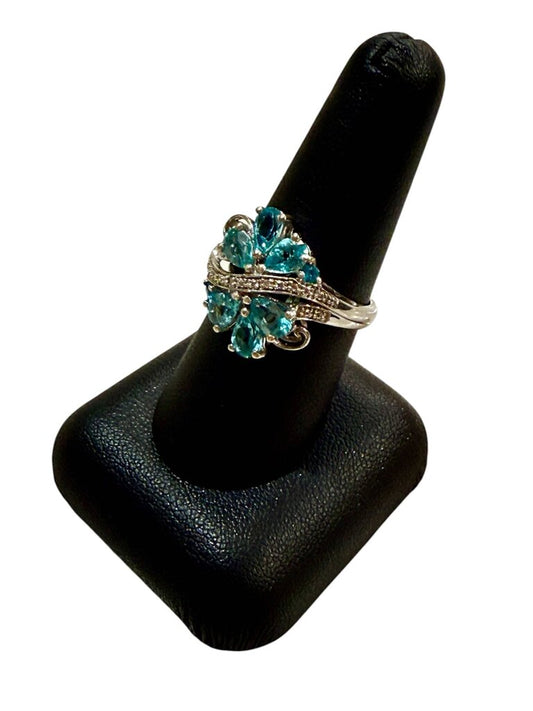 SS PEAR SHAPE BLUE TOPAZ CLUSTER STYLE RING SZ 8