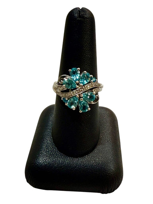 SS PEAR SHAPE BLUE TOPAZ CLUSTER STYLE RING SZ 8
