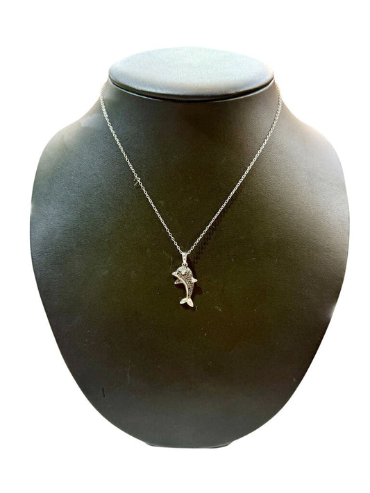 SS BLACK STONE DOLPHIN PENDANT MISSING 1 STONE ON CHAIN