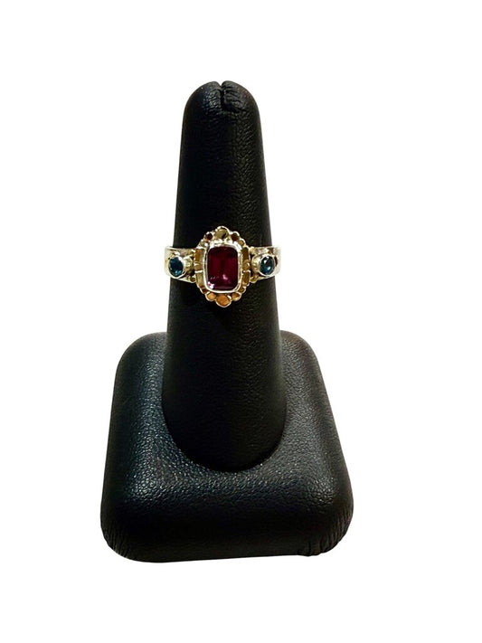 SS/18KT EMERALD CUT PINK SAPHIRE W/RB BLUE SAPPHIRE BEZEL SET SZ 7
