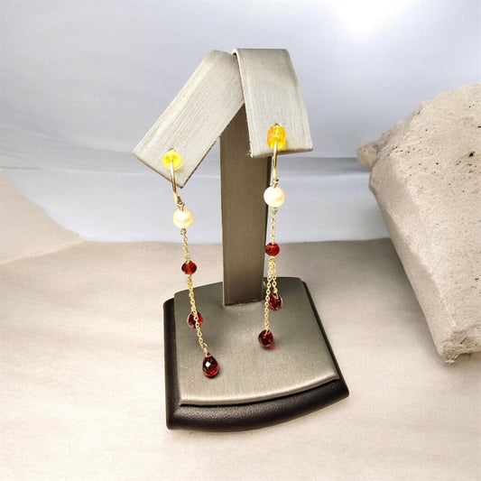 14KT YG GARNET PEARL DANGLE EARRINGS