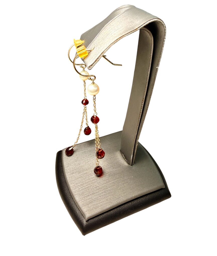 14KT YG GARNET PEARL DANGLE EARRINGS