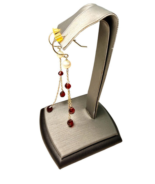 14KT YG GARNET PEARL DANGLE EARRINGS