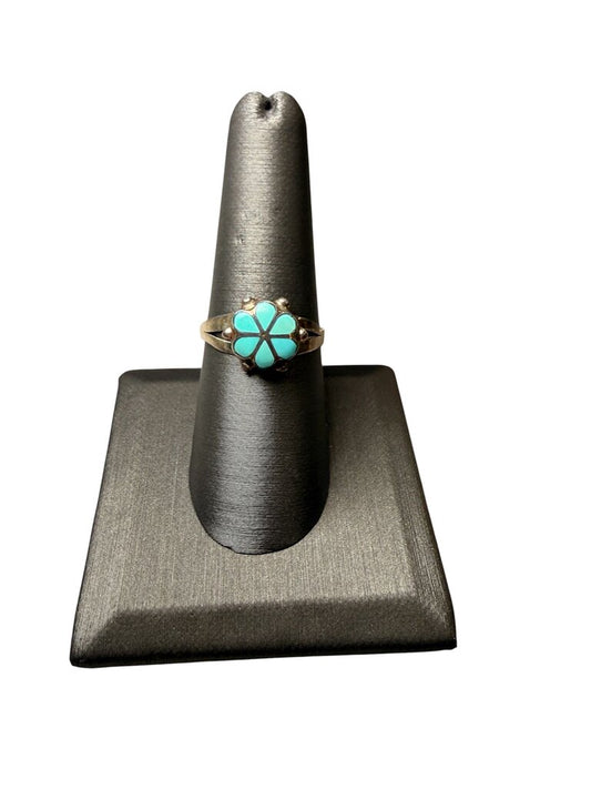 SS FLOWER SHAPE TURQ INLAY DESIGN RING SZ 8