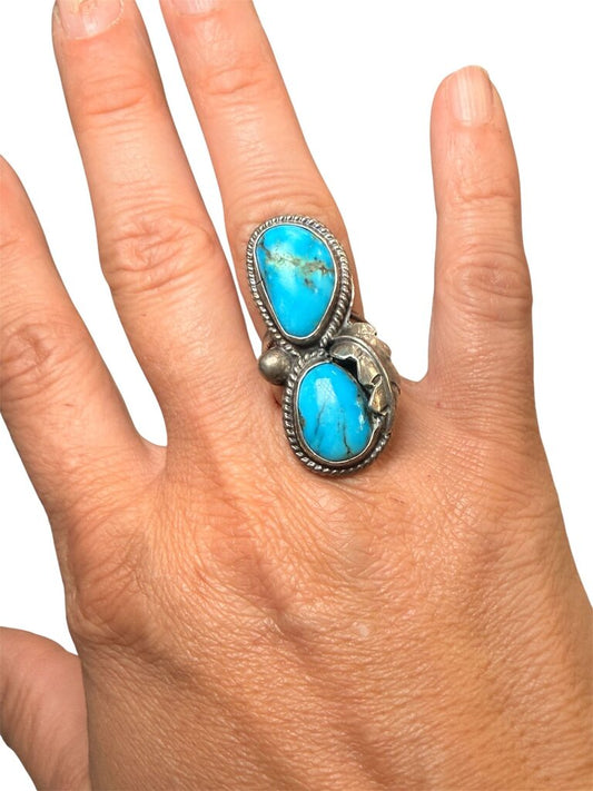 SS DOUBLE TURQ RING SZ 6