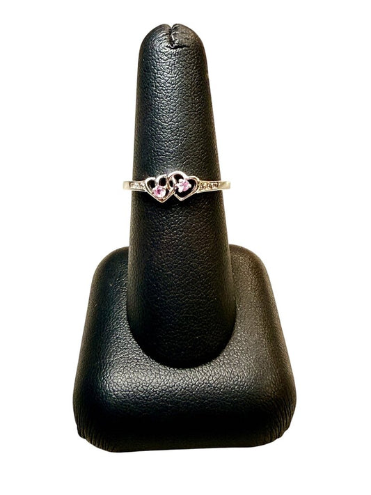 10KT WG DOUBLE HEART PROMISE RING W/PINK SAPPHIRE W/DIA ACCENT SZ 7.5