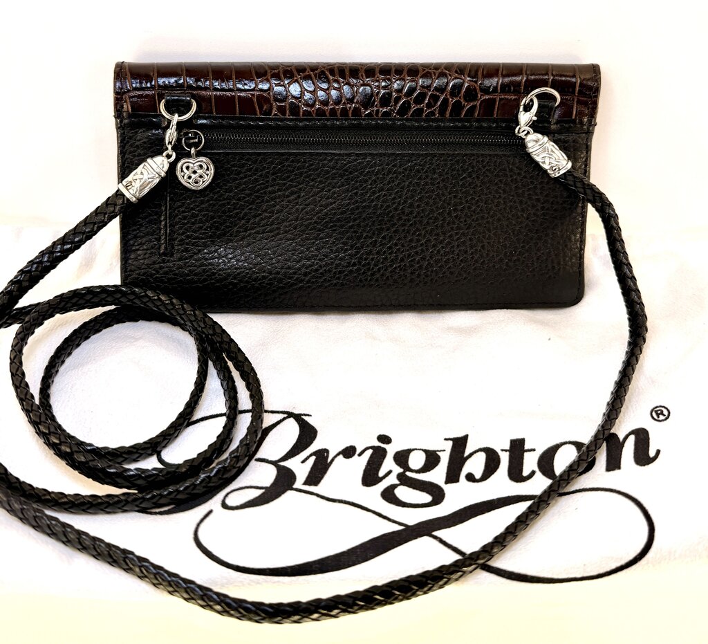 BRIGHTON BLK/BROWN LEATHER WALLET ON STRAP CROSSBODY