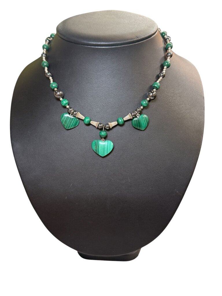 SS MALACITE & HEMATITE HEART NECKLACE