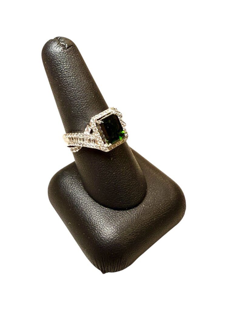 SS EMERALD CUT CHROME DIOPSIDE HALO BAG TWIST BAND SZ 8