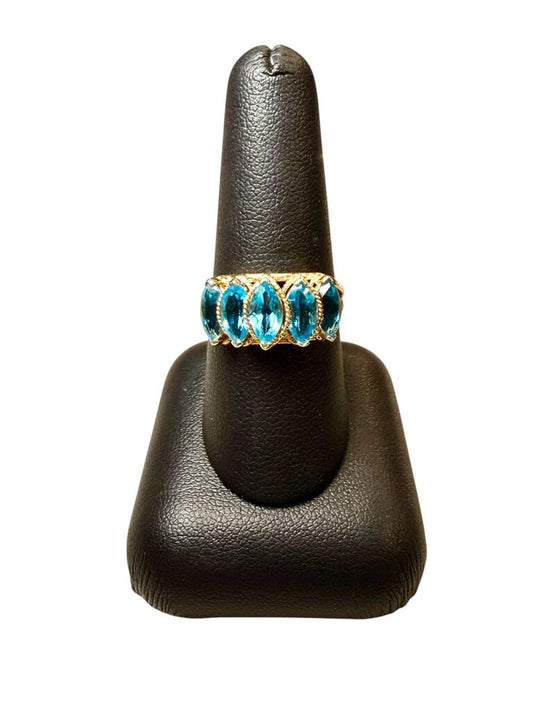 14KT YG MARQ GRADUATED BLUE TOPAZ STONE RING SZ 9