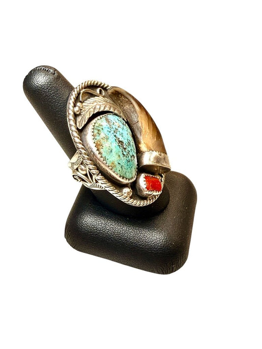 SS TURQ CORAL BEAR CLAW NAVAJO RING SZ 9