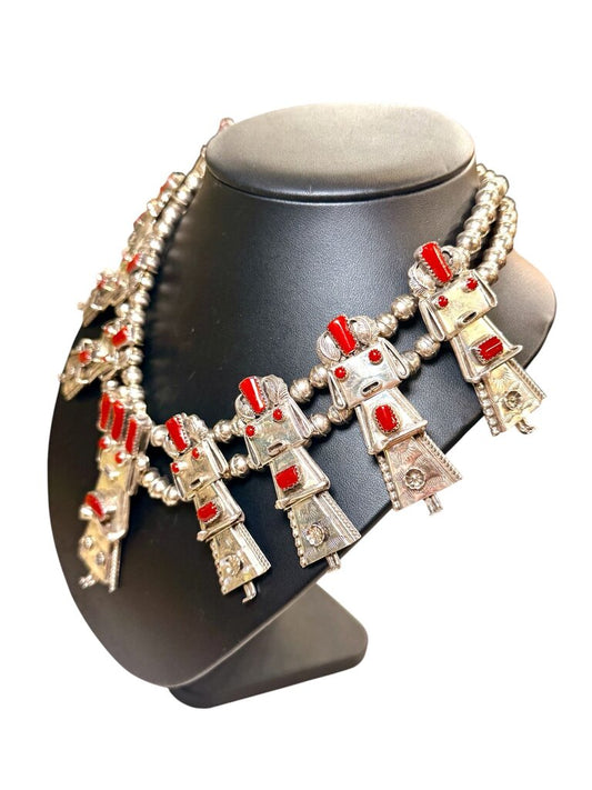 SS FRANK YAZZIE NAVAJO CORAL YEI SQUASH NECKLACE