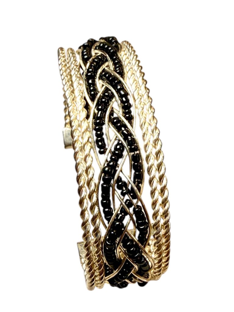 SS BLACK ONYX BEADS ROPE CUFF BRACELET