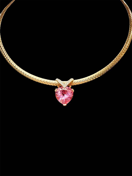 SS/GP OMEGA CHAIN W/14KT YG LARGE PINK HEART SLIDE