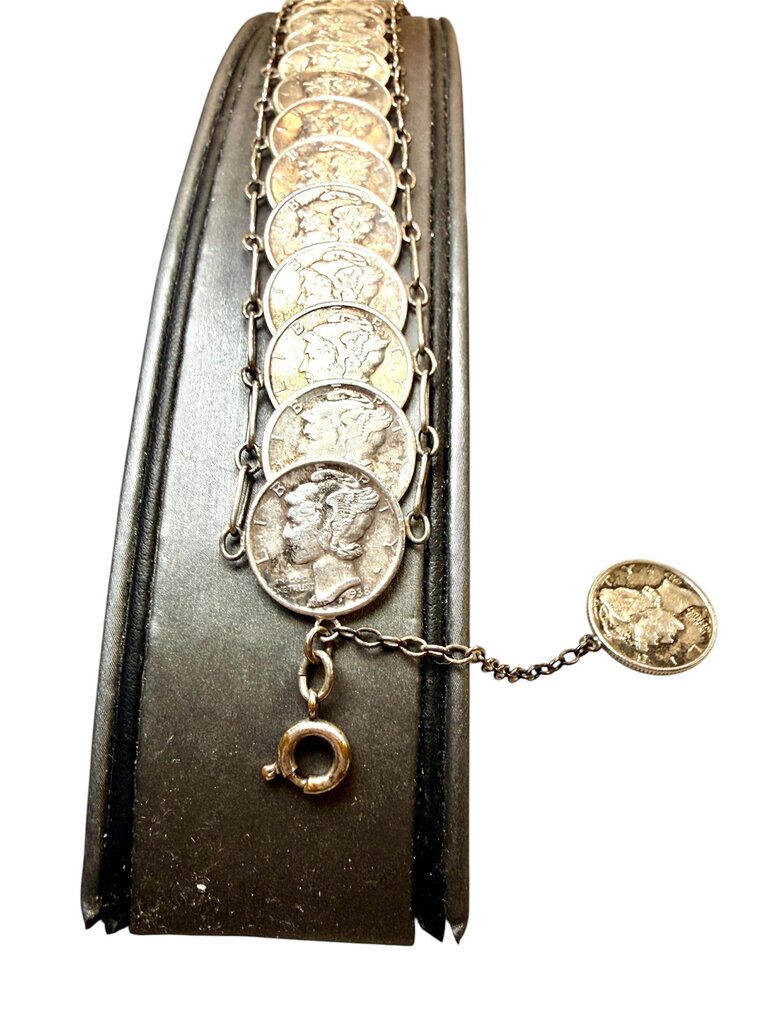 SS TRENCH ART OR SWEET HEART JEWELRY WWII ERA MERCURY DIME BRACELET
