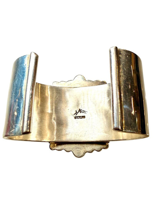 SS STAMPED LARGE CUFF TURQ T. MONE INLAY STYLE W/BEADED ACCENT