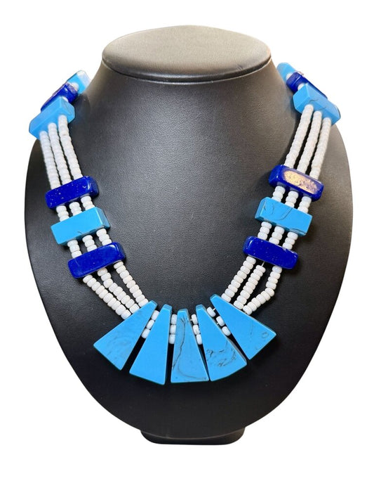 WHITE HEISHI MULTI STRAND BEADS LAPIS NECKLACE