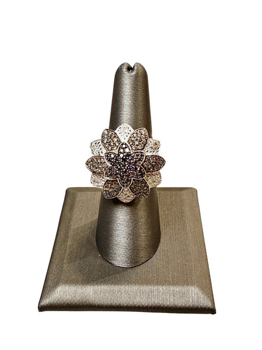 SS BLK/CHOCOLATE & WHITE DIA FLOWER RING SZ 6.5
