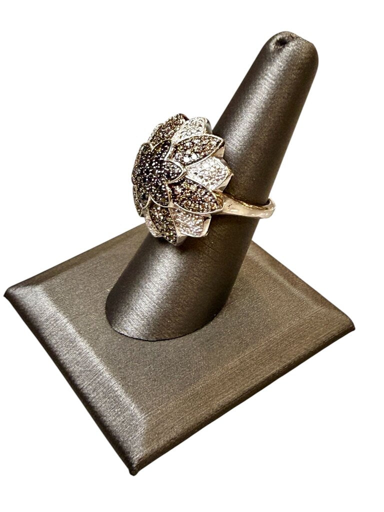 SS BLK/CHOCOLATE & WHITE DIA FLOWER RING SZ 6.5
