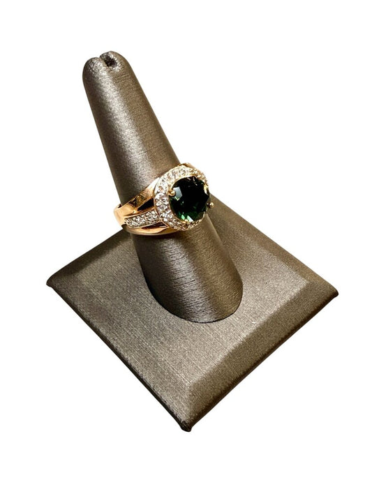 SS/GP GREEN CZ W/HALO STYLE RING SZ 8