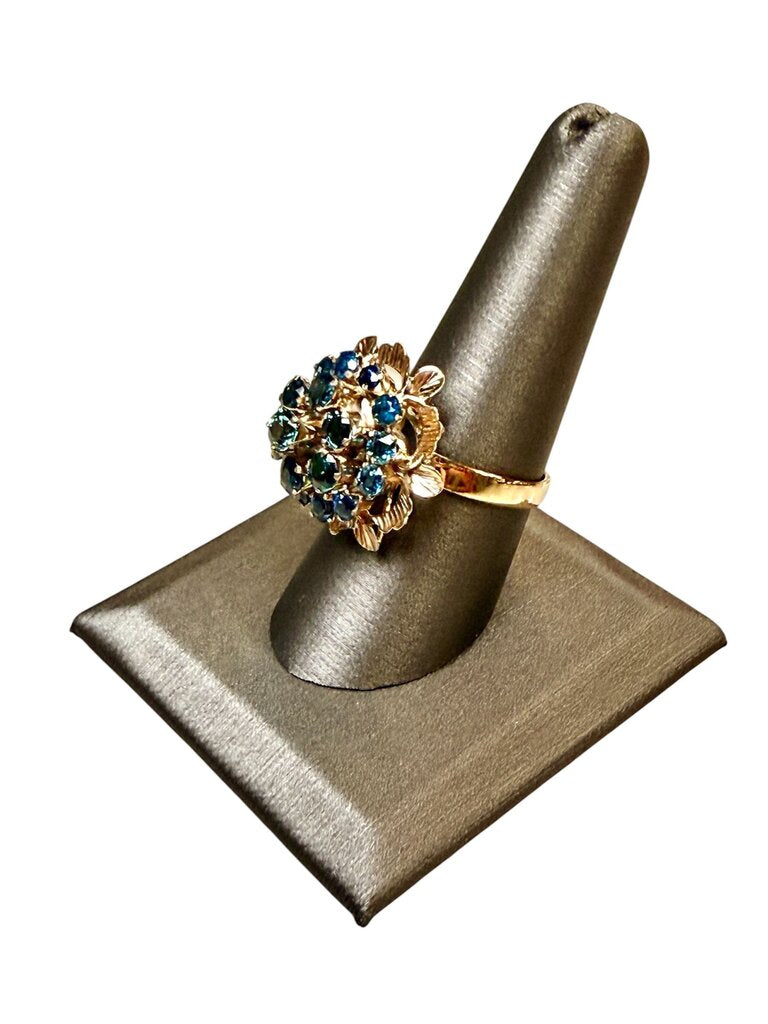 18KT YG THAI PRINCESS STYLE BLUE SAPPHIRE CLUSTER RING SZ 9