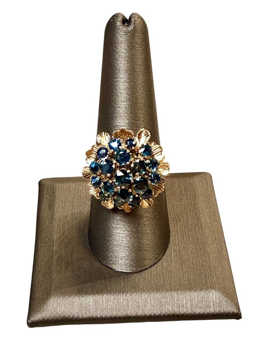 18KT YG THAI PRINCESS STYLE BLUE SAPPHIRE CLUSTER RING SZ 9