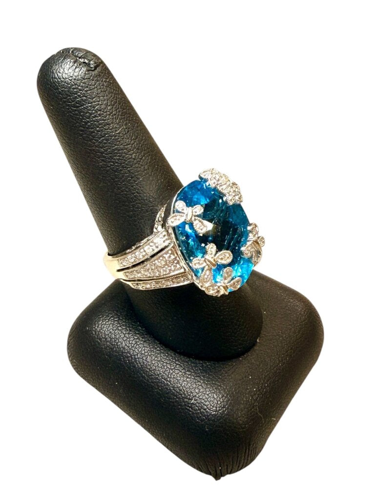14KT WG LG OVAL BLUE TOPAZ W/DIAMONDS BUTTERFLY & STAR DESIGN RING SZ 9