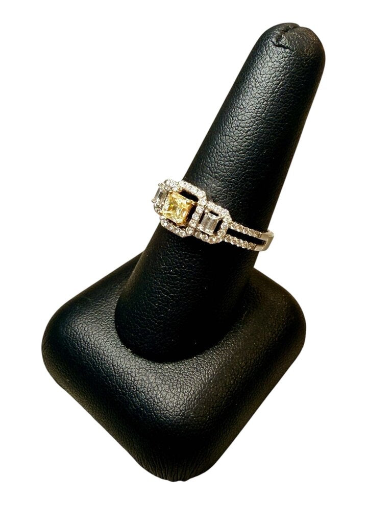 18KT WG PPF STYLE 1/2CT CTR YELLOW DIAMOND W/SMALL EMERALD CUT W/RB HALO 1CTTW SZ 8.5