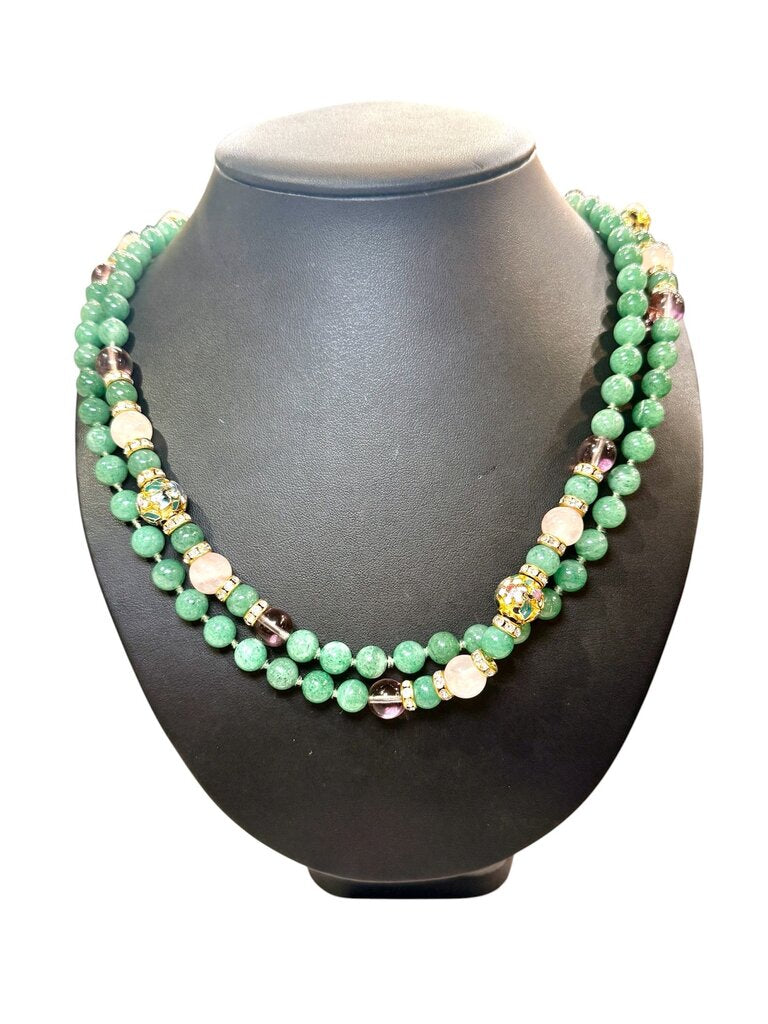 50" GREEN JADE W/PINK QUARTZ BEADED AMETHYST NECKLACE