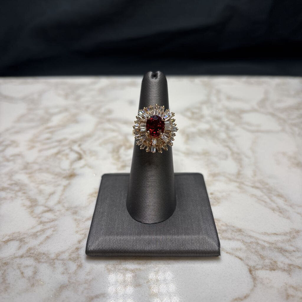 14kt red spinel ctr w/2tw diamond ballerina style ring sz 6