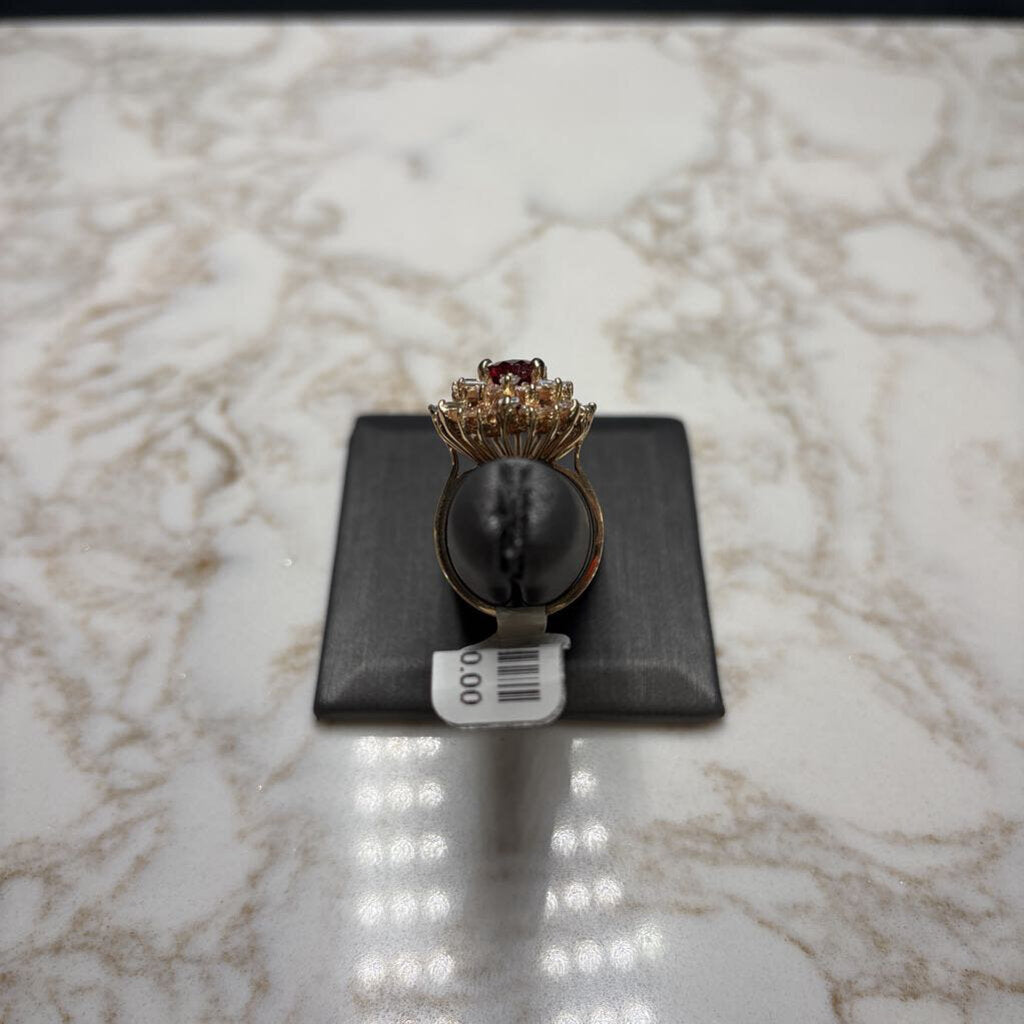 14kt red spinel ctr w/2tw diamond ballerina style ring sz 6