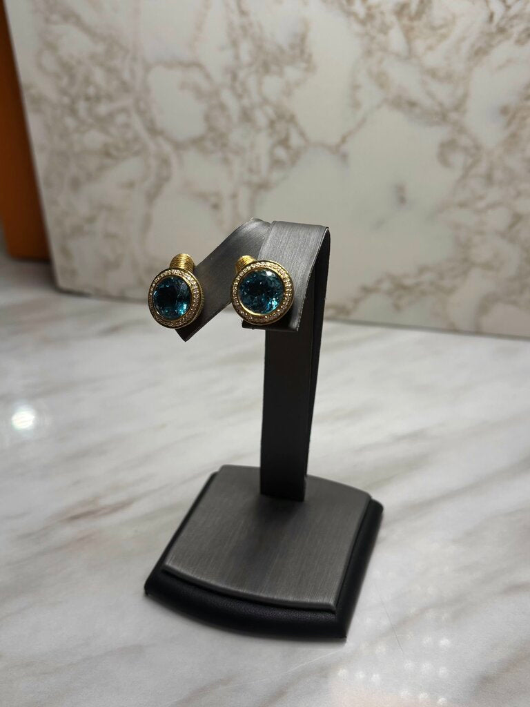 18KT YG BLUE TOPAZ BEZEL SET EARRINGS