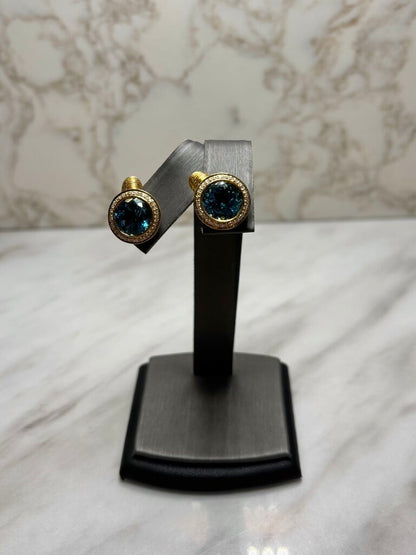 18KT YG BLUE TOPAZ BEZEL SET EARRINGS