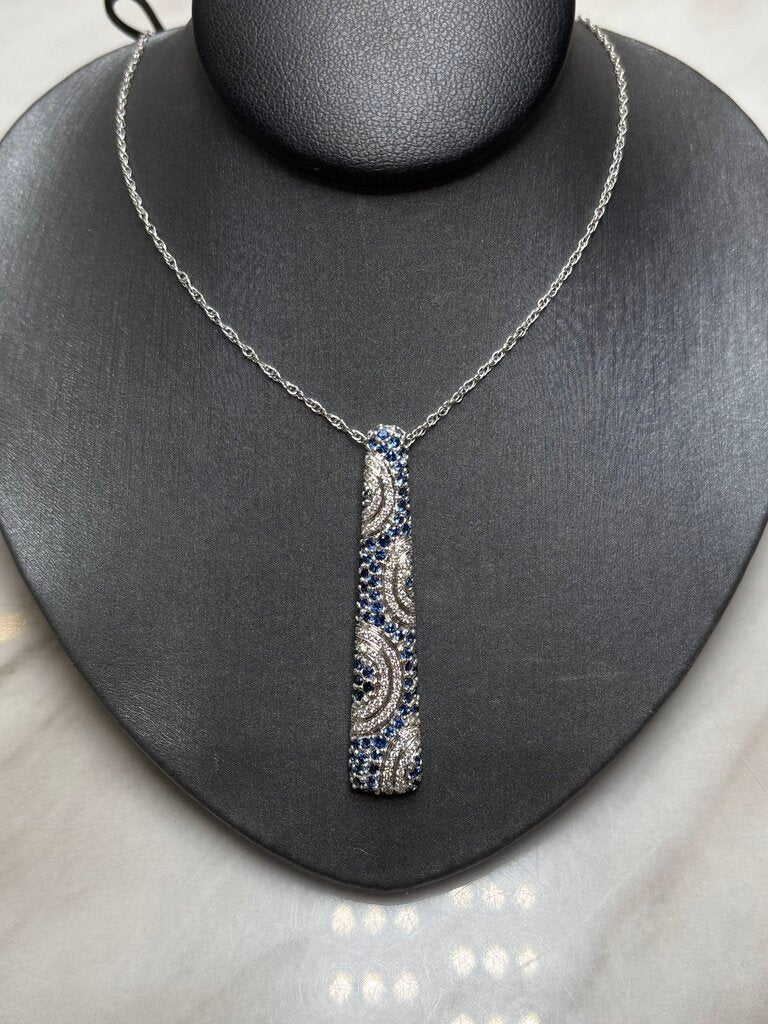 14KT WG BLUE SAPPHIRE &DIA STICK PENDANT ON CHAIN W/PAPERS