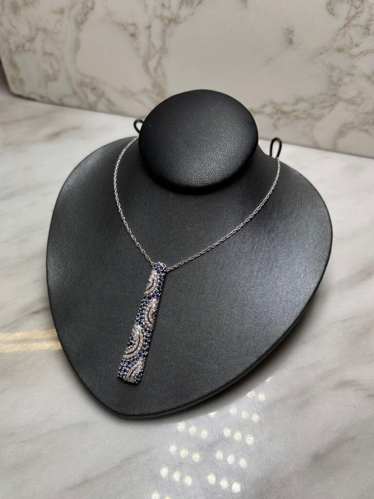 14KT WG BLUE SAPPHIRE &DIA STICK PENDANT ON CHAIN W/PAPERS