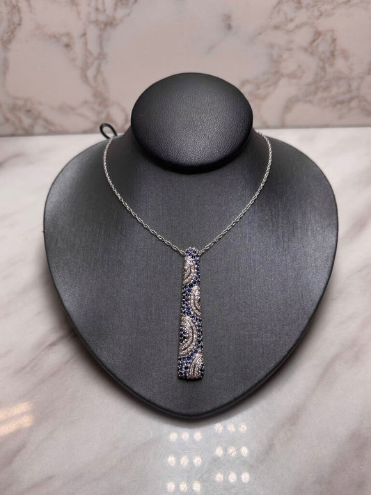 14KT WG BLUE SAPPHIRE &DIA STICK PENDANT ON CHAIN W/PAPERS