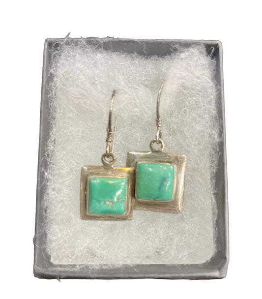 SS SQUARED GREEN TURQ DANGLE EARRINGS