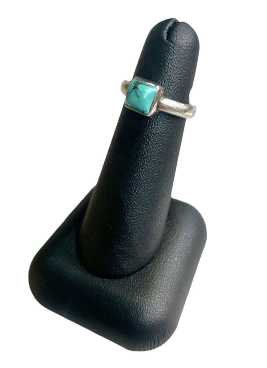 SS TURQ BEZEL SQUARED STONE SOLITARE RING SZ 4.5