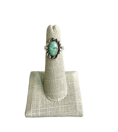 SS TURQ OVAL BEZEL SET RING SZ 6