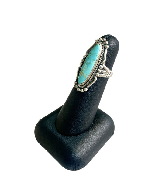 SS ALONGATED BLUE AND COPPER TURQ BEZEL SET BEADED DESIGN RING