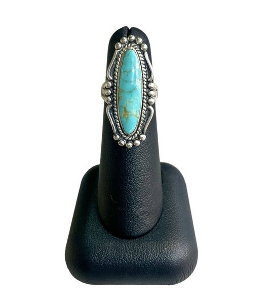 SS ALONGATED BLUE AND COPPER TURQ BEZEL SET BEADED DESIGN RING